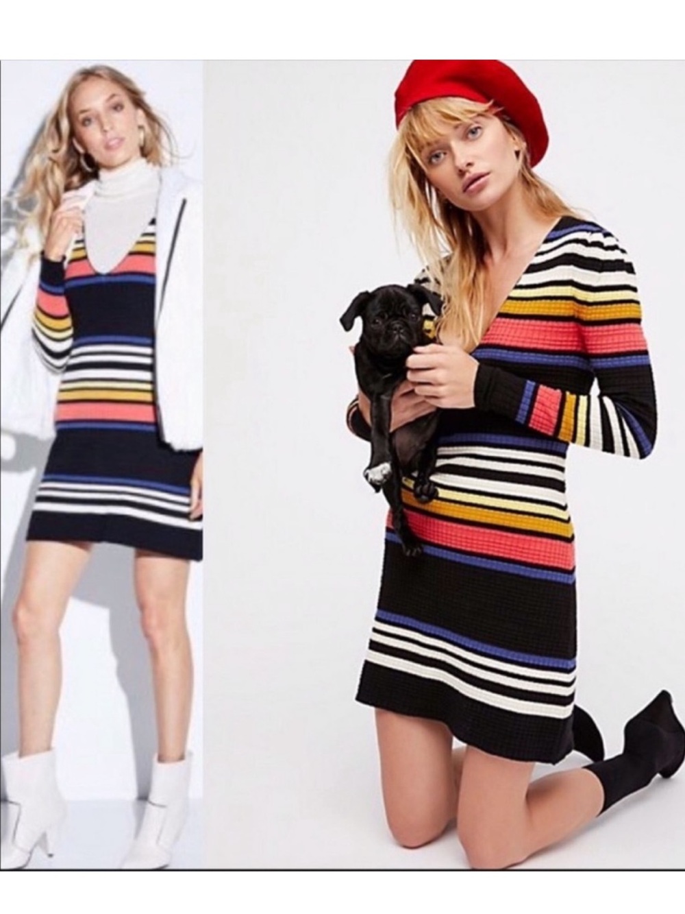 Free People Gidget Striped V-Neck Knit Dress in Multi-Color Size M